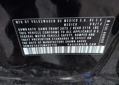 2012 Volkswagen Jetta 2.0L S from USA, damaged, VIN 3VW2K7AJ7CM424776